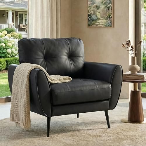 Black Leather Accent Chair, Tufted Reading Armchair by TYBOATLE