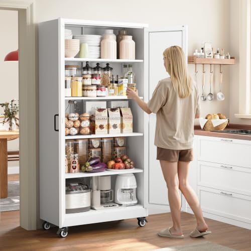 Yizosh 72"White Metal Office Storage Cabinet, Wheeled Garage Storage Cabinet - Image 2