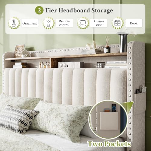 EnHomee Queen Bed Frame with 2 Drawers & 2-Tier Storage Headboard Shelf - Image 4