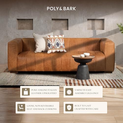 POLY & BARK Canale Sofa – 86" Channel-Tufted Italian Leather Couch – Cognac Tan - Image 6