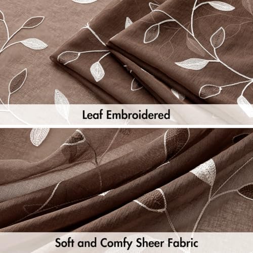 MIULEE Chocolate Brown Sheer Curtains 2 Panels Leaf Patterned, W52 x L63 - Image 4