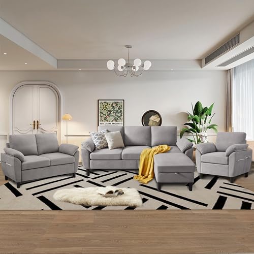 4 Piece Convertible Sectional Sofa Set, Modern Linen Small L Shaped Couch by Chireca