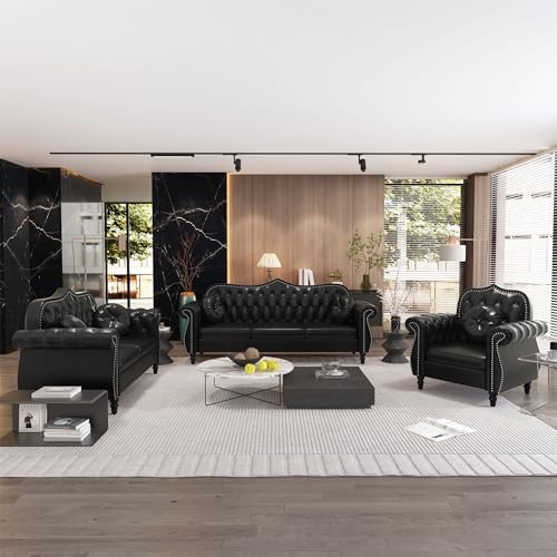 AVZEAR 82" Three Seater Leather Sofa, Chesterfield Sofa, Mid-Century Modern PU - Image 5