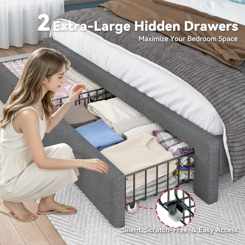 Queen Bed Frame with 2-Tier Storage Headboard and 4 Drawers, Linen Fabric - Image 3