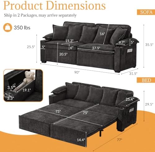 SUNWAVE 90" Sleeper Sofa, 3-in-1 Pull Out Sofa Bed Corduroy Couch Bed - Image 2