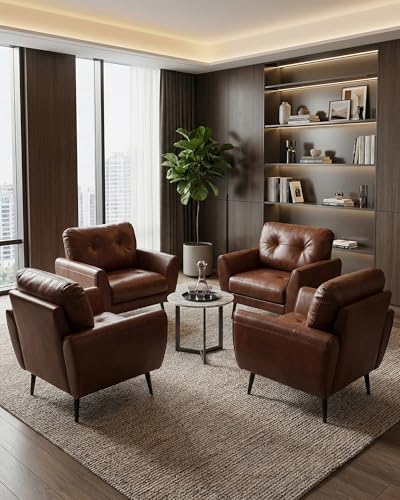 Brown Leather Accent Chairs Set of 2, Tufted Reading Chairs - Image 4
