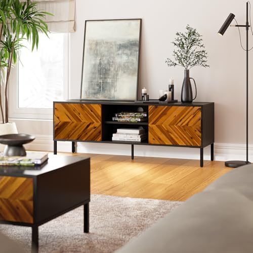 Bme Vivian TV Stand 59" with Herringbone Pattern Doors, Rustic Golden Brown - Image 4