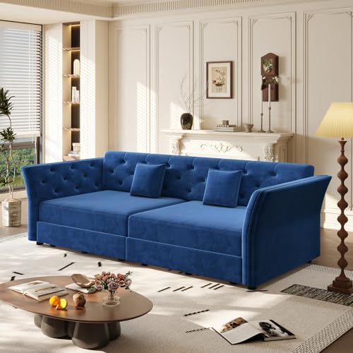 Sleeper Sofa Bed 74.4", Velvet Pull Out Couch, Flower Tufted Sofa by SmartEdge