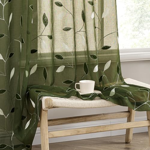 MIULEE Christmas Olive Green Sheer Curtains Leaf Patterned, W52 x L96 by MIULEE