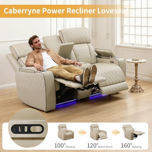 Power Recliner Sofa with LED Lights, Leather Reclining Loveseat with Double - Image 4