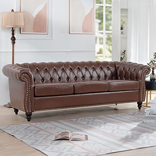 LEVNARY Chesterfield Sofa, Classic Tufted Upholstered Leather Couch, Modern 3 - Image 3