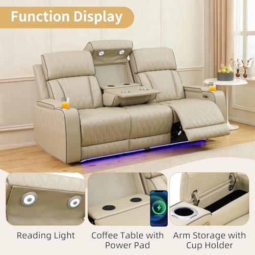 Power Recliner Sofa with LED Lights, Leather Reclining Couch with Double - Image 3