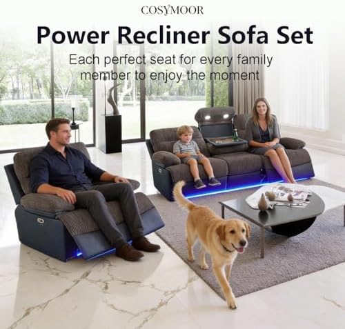 Power Reclining Sofa Set with LED Light, Corduroy Sofa Sectional Couch and - Image 4