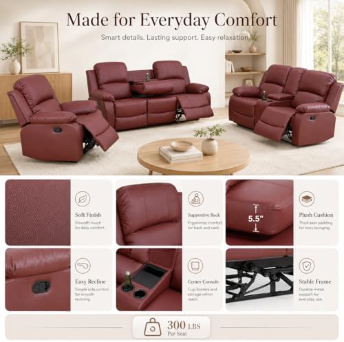 Recliner Sofa Set 3 Piece Living Room Furniture Set Couch Leather Recliner Sofa - Image 5