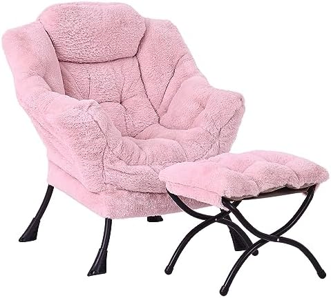Modern Lazy Chair with Ottoman, Comfy Accent Reading Chair, Plush Pink by MBOOYOME