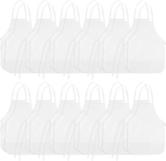 24 Pieces White Kids Painting Aprons Kids Art Aprons with 2 Roomy Pockets Kids Aprons for Art Painting Activity Kitchen Crafts