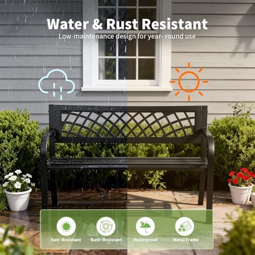 FDW | 46" Outdoor Garden Bench | Black | 480lbs Load Capacity - Image 4