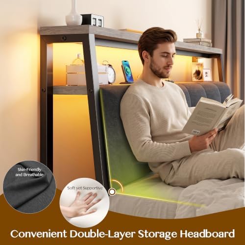 Homkdom Queen Bed Frame with Upholstered Headboard & Charging Station - Image 6