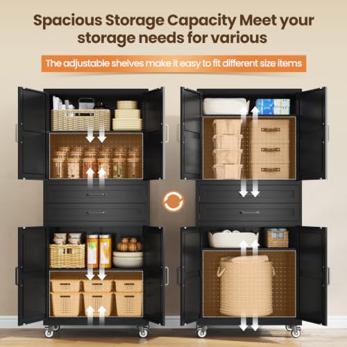 Black Metal Garage Storage Cabinet Rolling Kitchen Storage Pantry Cabinet - Image 5