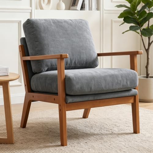 Mid-Century Modern Chenille Armchair, Walnut Frame Comfy Accent Chair by LSSPAID
