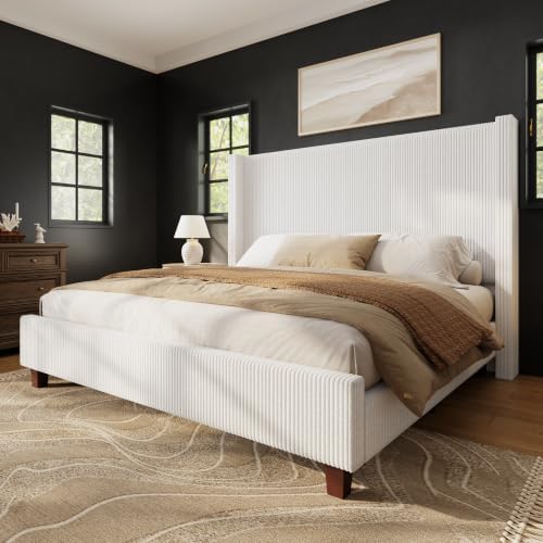 HOWE King Size Bed Frame with 50.8 Inch Corduroy Wingback Headboard by HOWE