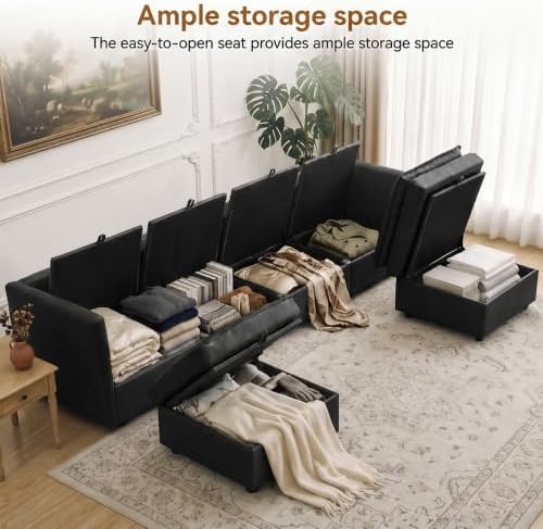 105" Black Faux Leather Storage 4 Seater Sofa - Image 3