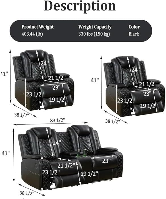 Power Recliner Set with LED Lights, Air Leather Reclining Set with USB - Image 2