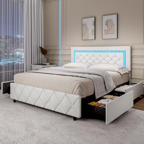 Queen Bed Frame with LED Lights, Upholstered Bed Frame with Storage Drawers by BarnFurin