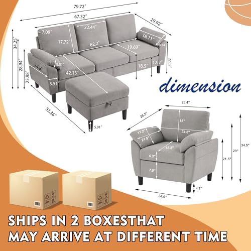 3 Piece Convertible Sectional Sofa Set, Modern Linen Small L Shaped Couch - Image 2