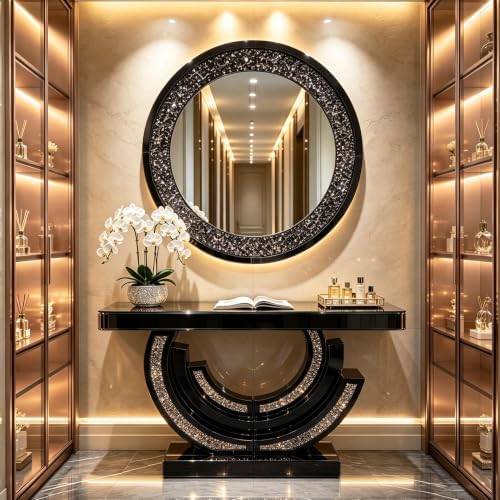 Black Mirrored Console Table, 42.9" Rectangle Sofa Table - Image 3