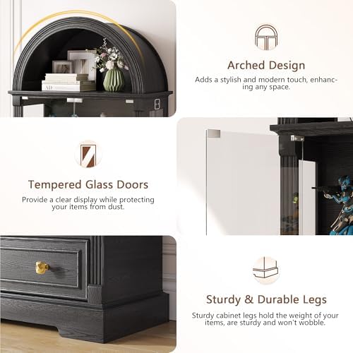 Black Curio Cabinet with Glass Doors, 4-Tier Display Case - Image 6