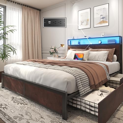 Lifezone Queen Bed Frame with 2-Tier Storage Headboard, Metal Platform Bed by Lifezone