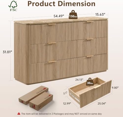 54"W Fluted 6 Drawer Bedroom Dresser, - Image 2