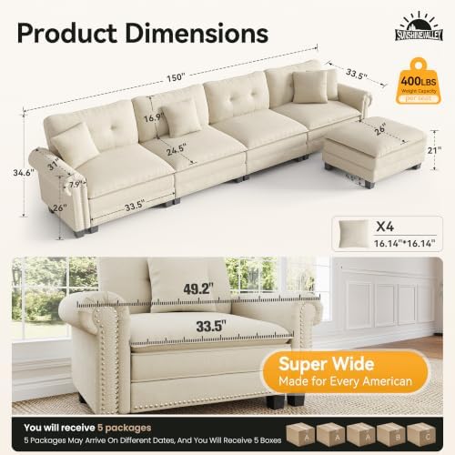 SUNSHINE VALLEY 150" Oversized Modular Sectional Couch L Shaped Living Room - Image 2