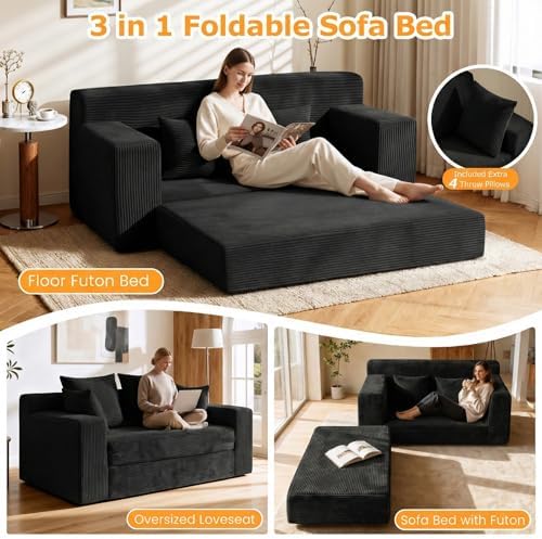 55" Small Boneless Couch, 3-in-1 Boneless Loveseat Sleeper Sofa Bed Convertible - Image 3