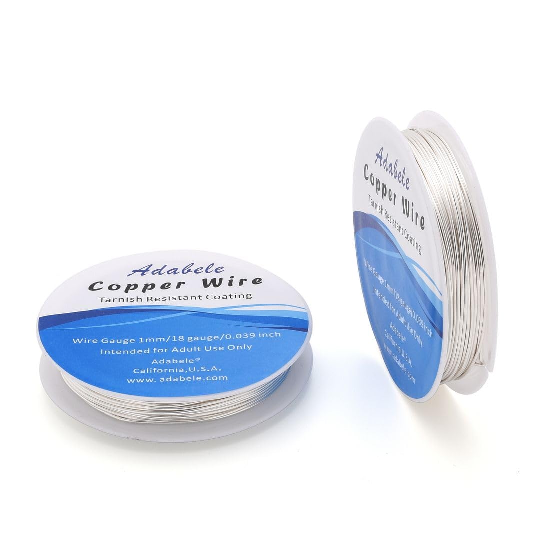 Adabele 65 Feet Premium Tarnish Resistant Round Jewelry Wire Copper Beading Wire Spool Bulk (1mm/18 Gauge) Sterling Silver Plated for DIY Craft Jewelry Making BF285-10