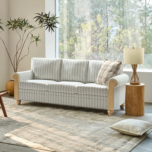 81" Mid-Century Modern 3-Seater Sofa, Stripe Upholstered Couch by ECOHARBOR