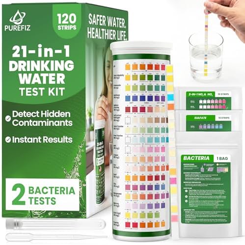 21-in-1 Drinking Water Test Kit – 120 Strips + 2 Bacteria Tests – Easy DIY by PUREFIZ