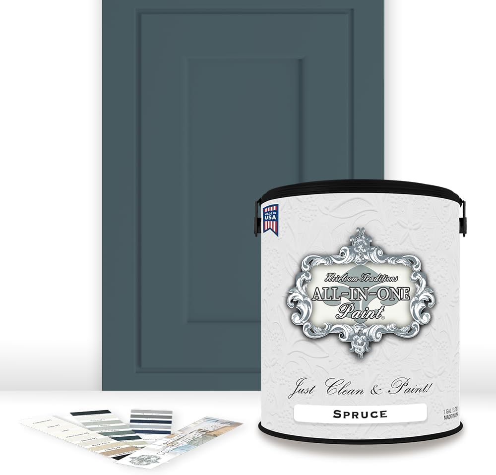ALL-IN-ONE Paint, Durable cabinet and furniture paint. Built in primer and top coat, no sanding needed. Includes our 30 featured color card - Spruce (gray green with slight blue undertone), Gallon