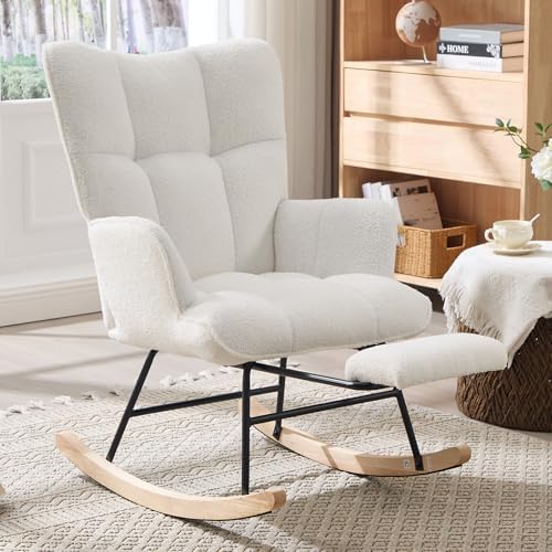 Nursery Rocking Chair with Footrest, Teddy Upholstered Glider Rocker with Side by Allnifurv