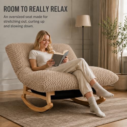 Oversized Rocking Chair, Extra Wide Plush Lounge Chair, Light Khaki - Image 5