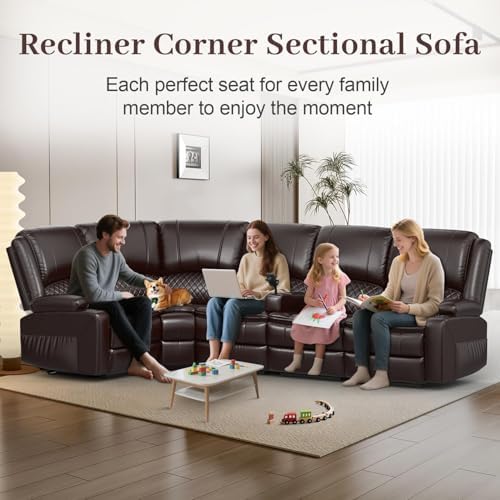 Manual Reclining Sectional Sofa Set, 5 Seats 1+1+3 Leather Reclining - Image 3