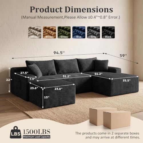 Boneless Couch, U-Shape Corduroy Sectional Sofa - Image 2