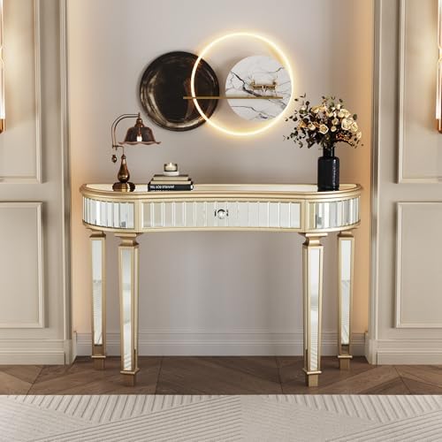 Gold Mirrored Console Table, Modern Luxury Entryway Vanity Desk Mirrored by Unknown