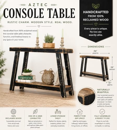 Aztec A-Frame Console; 46L x 10D x 28H Reclaimed Wood Table - Image 3