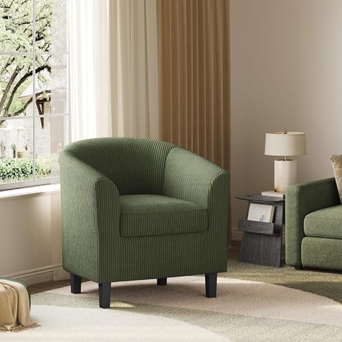 Yaheetech Accent Chairs, Corduroy Barrel Armchairs, Dark Green - Image 2