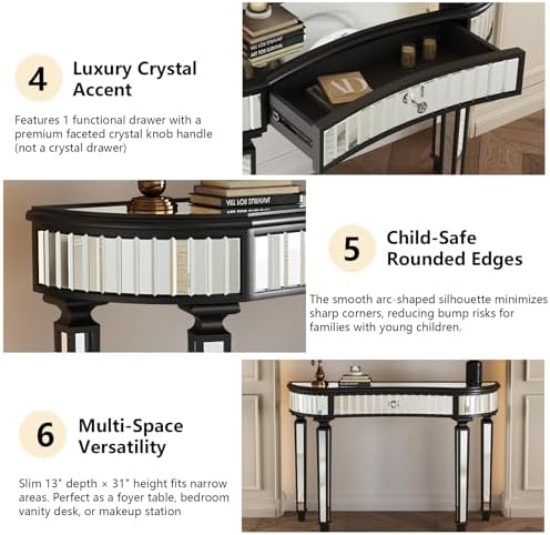Black Mirrored Console Table, Modern Luxury Entryway Vanity Desk Mirrored - Image 5