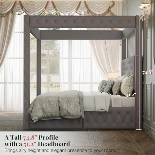 Jocisland King Canopy Bed Frame Velvet Upholstered Headboard - Image 4