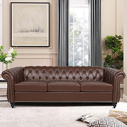 LEVNARY Chesterfield Sofa, Classic Tufted Upholstered Leather Couch, Modern 3 by LEVNARY