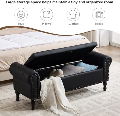 Storage Bench for Bedroom, Faux Leather Queen Size Benches - Image 4